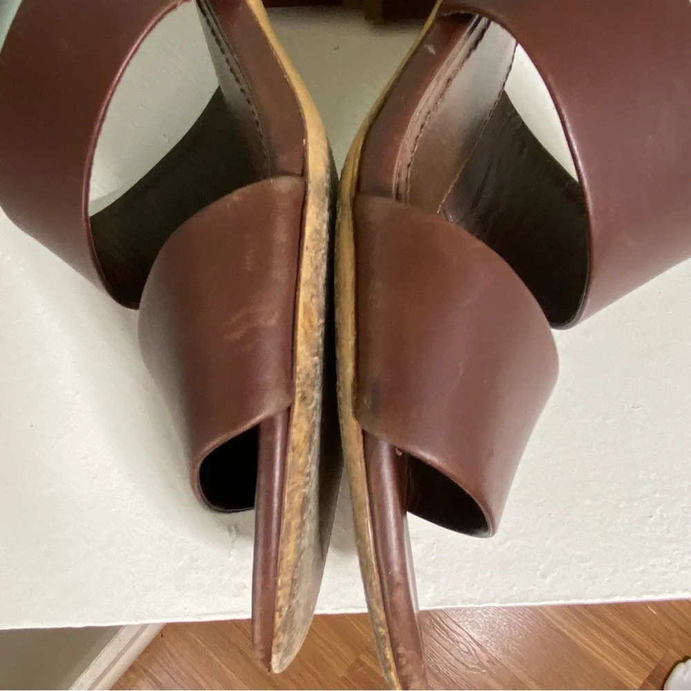 Mansur Gavriel Brown Leather Block Chunky Heeled Mules Sandals Heels Size 36/6